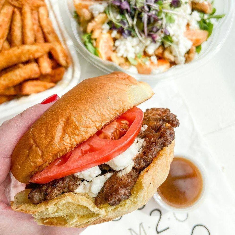 M2O burger, fries and salad